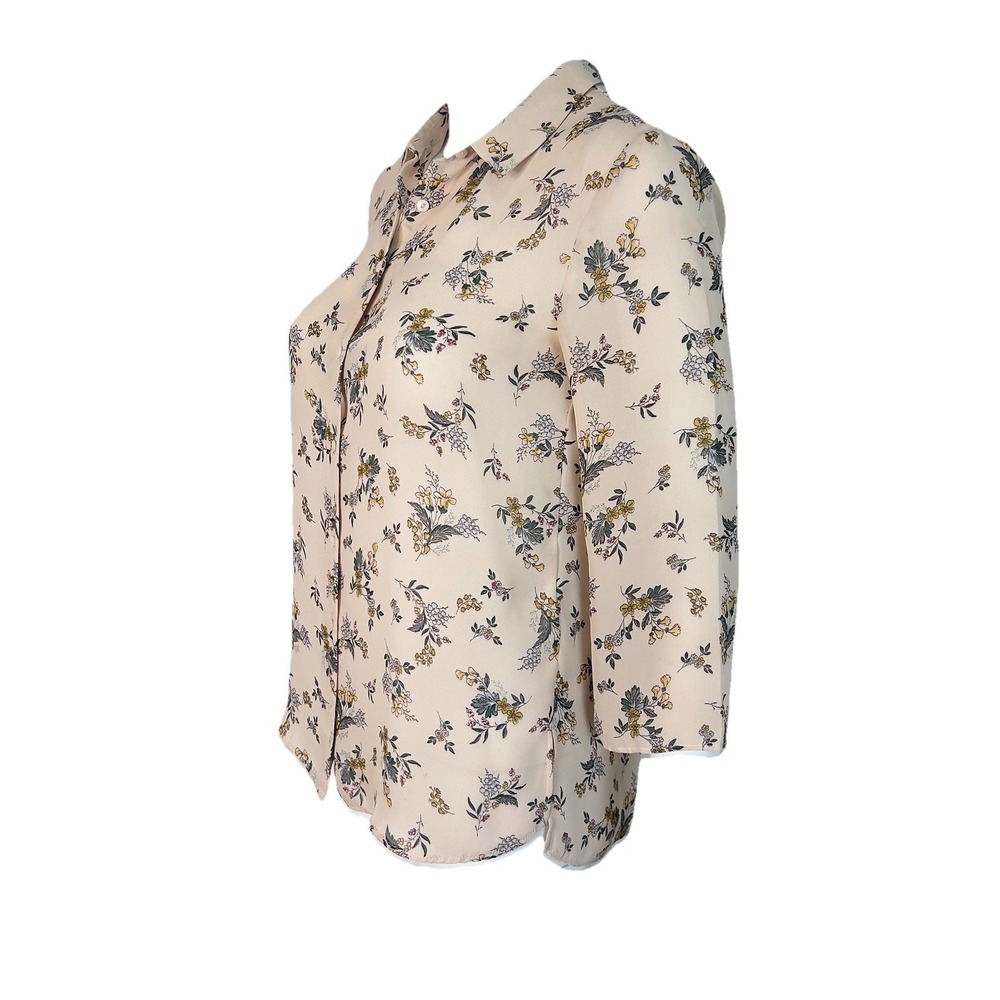 Zara Blouse Top Womens Size XS Basic Summer Flower Beige Semi Sheer Button Front - Picture 3 of 10